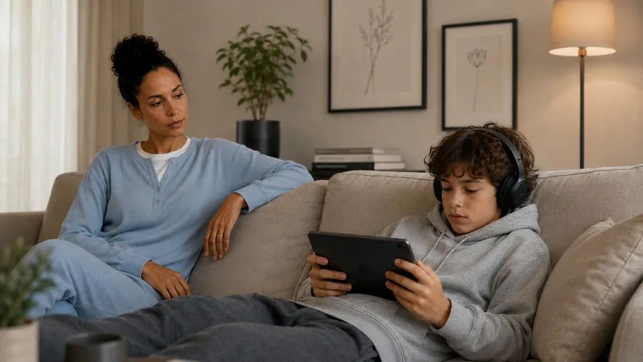 A mother watching her teenage son, who is absorbed in his tablet with headphones on