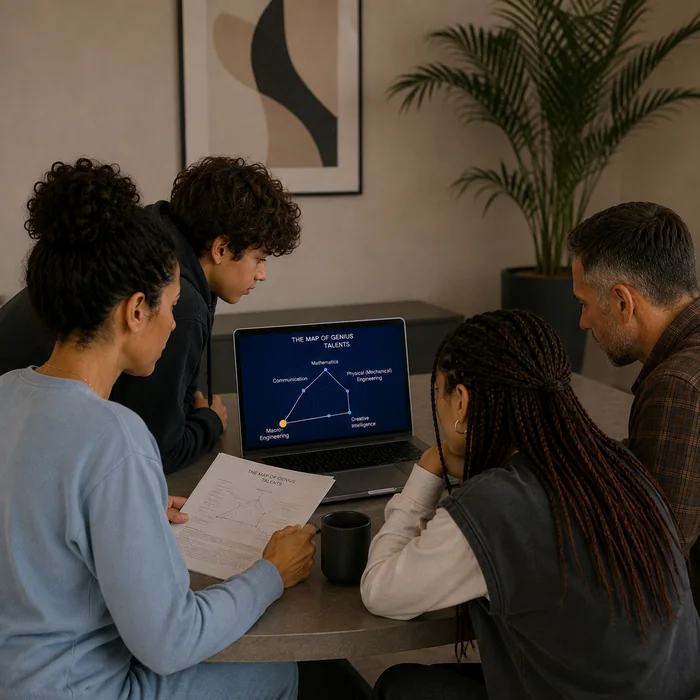 A family of four looking at the Map of Genius Talents report on a laptop