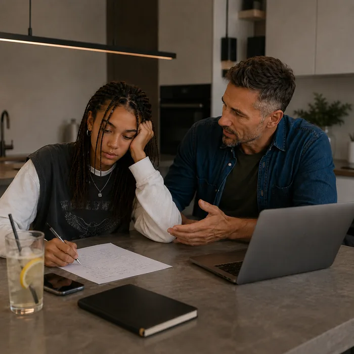 A father talking with his teenage daughter while she struggles over a worksheet at the kitchen table